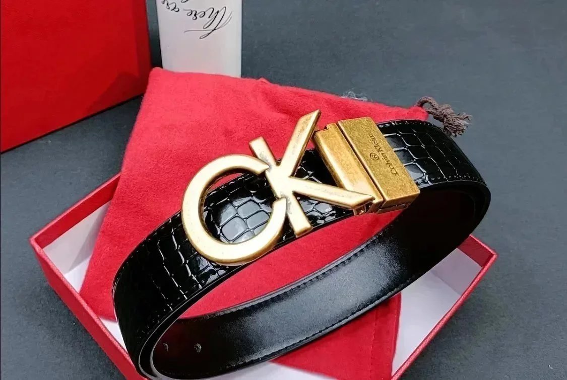 Calvin Klein Black Crocodile Pattern Belt with Gold CK Logo