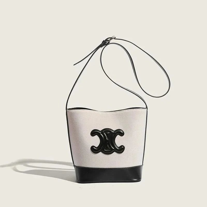 Chanel White and Black Logo Bucket Bag with Leather Strap