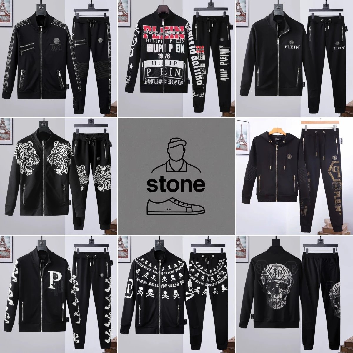 Men's Fashion Tracksuits Set Black Zipper Jacket and Pants