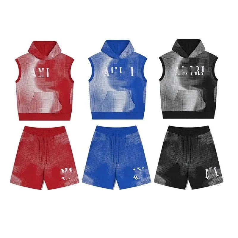 幻影印花加绒宽松连帽无袖卫衣套装时尚短裤