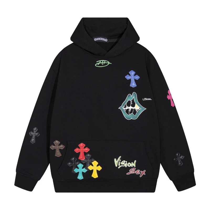 Vision Sex Embroidered Cross Hoodie Black Oversized Streetwear Sweatshirt