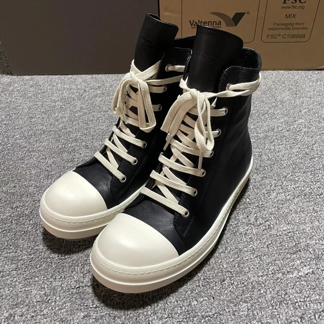 Black High Top Leather Sneakers with White Toe and Laces