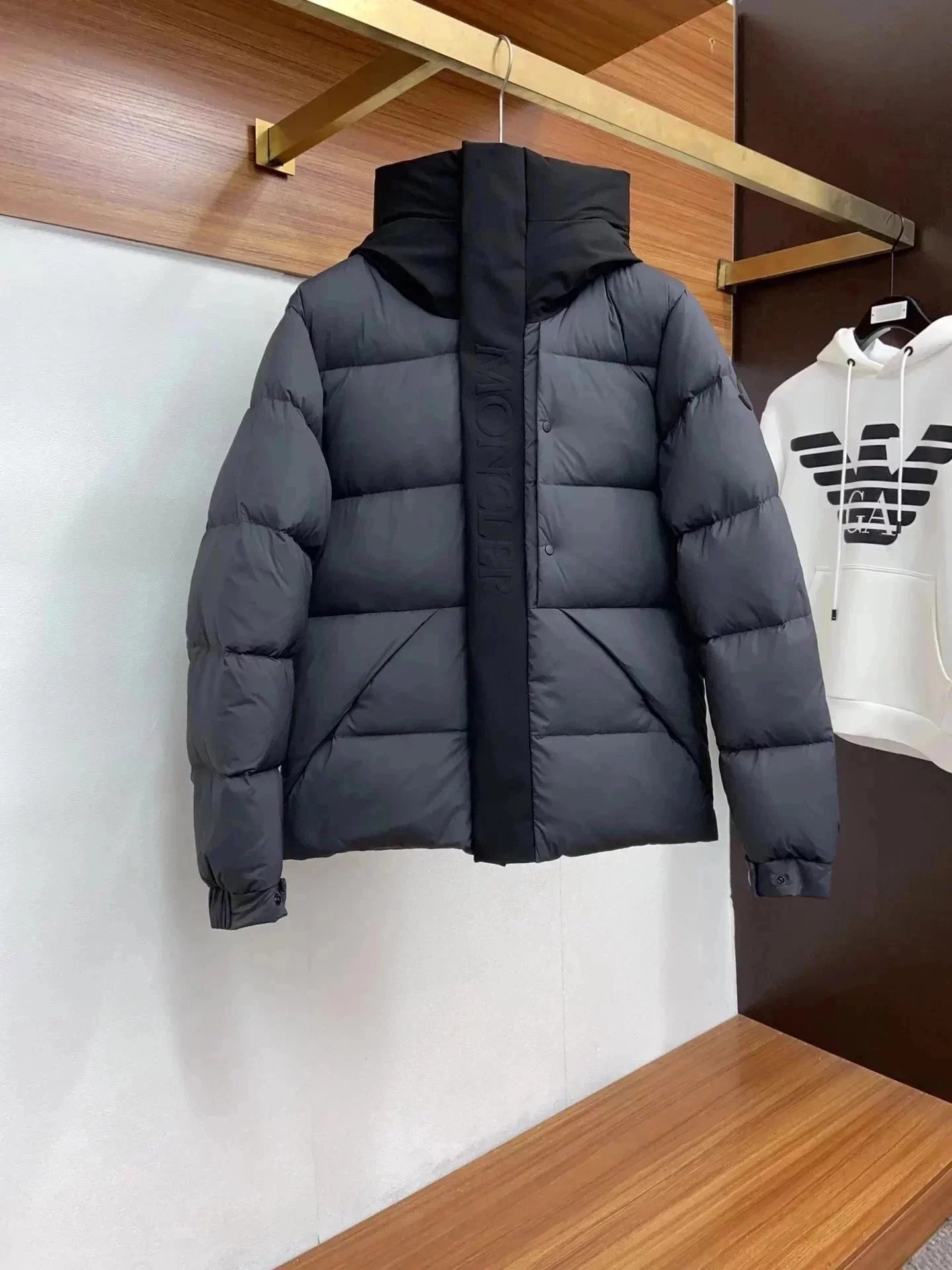 Moncler Black Down Jacket with Hood and Logo Tape