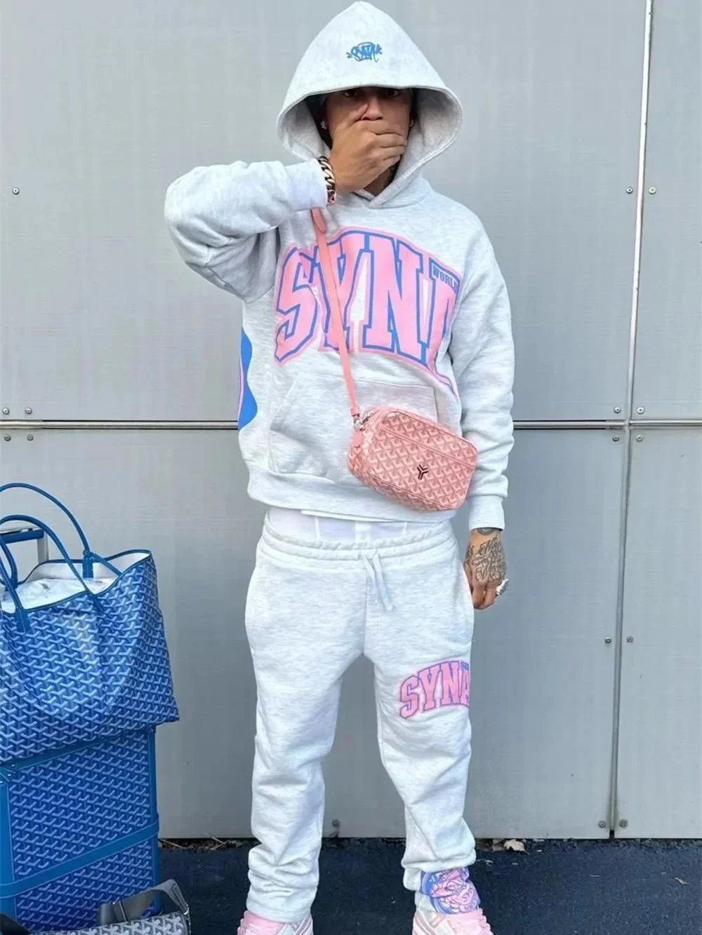 SYN Hoodie Sweatshirt Pink Logo Gray Oversized Streetwear
