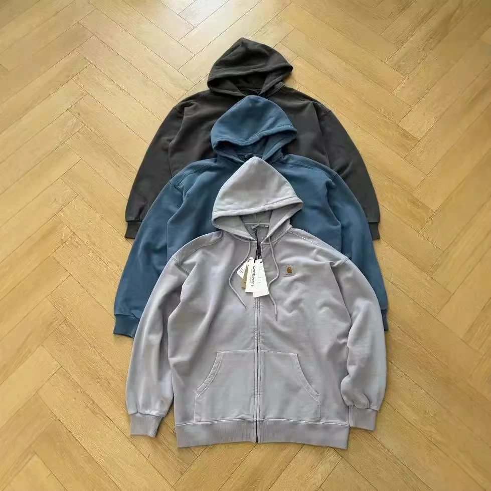 重磅蜡染卫衣怀旧休闲拉链帽衫开衫纯色男女-CY