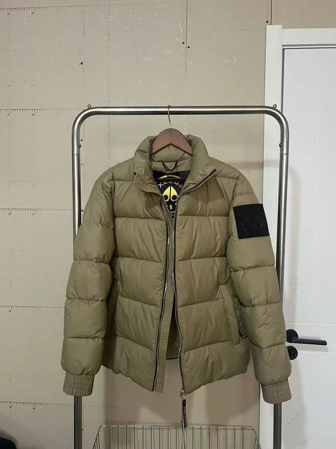 Moncler Men's Olive Green Down Jacket with Logo Patch
