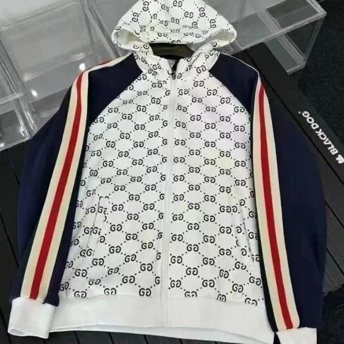 Gucci GG Logo Print Hoodie Jacket with Striped Sleeves