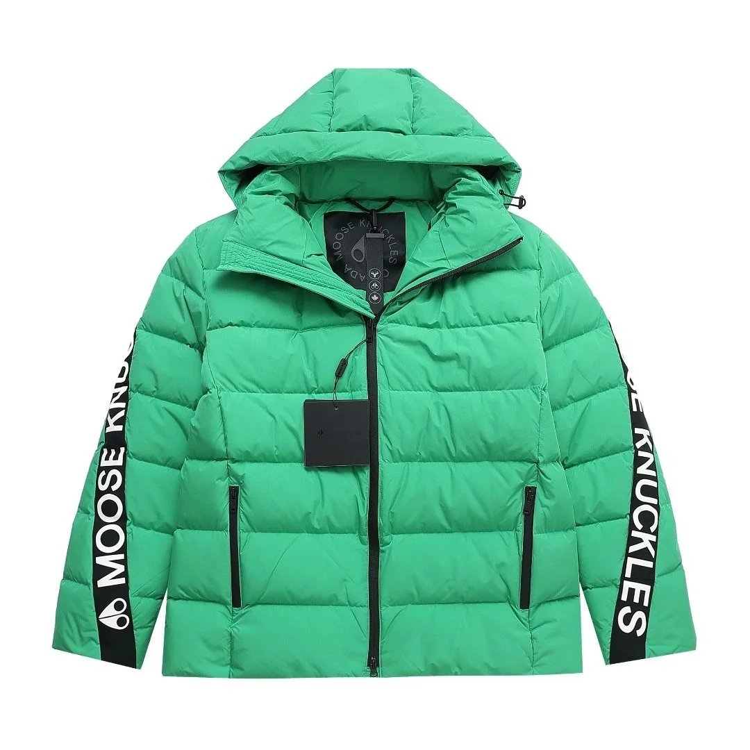 Moose Knuckles Green Puffer Jacket with Hood and Sleeve Logo