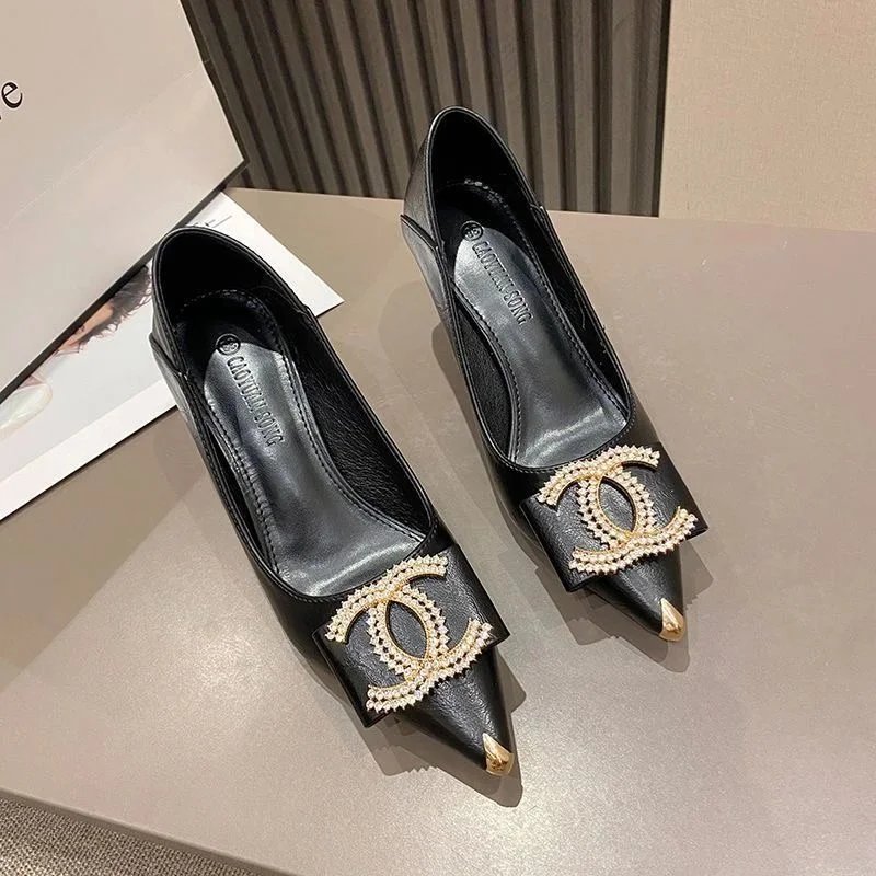 Black Pointed Toe Pumps with Gold CC Logo and Pearl Detailing
