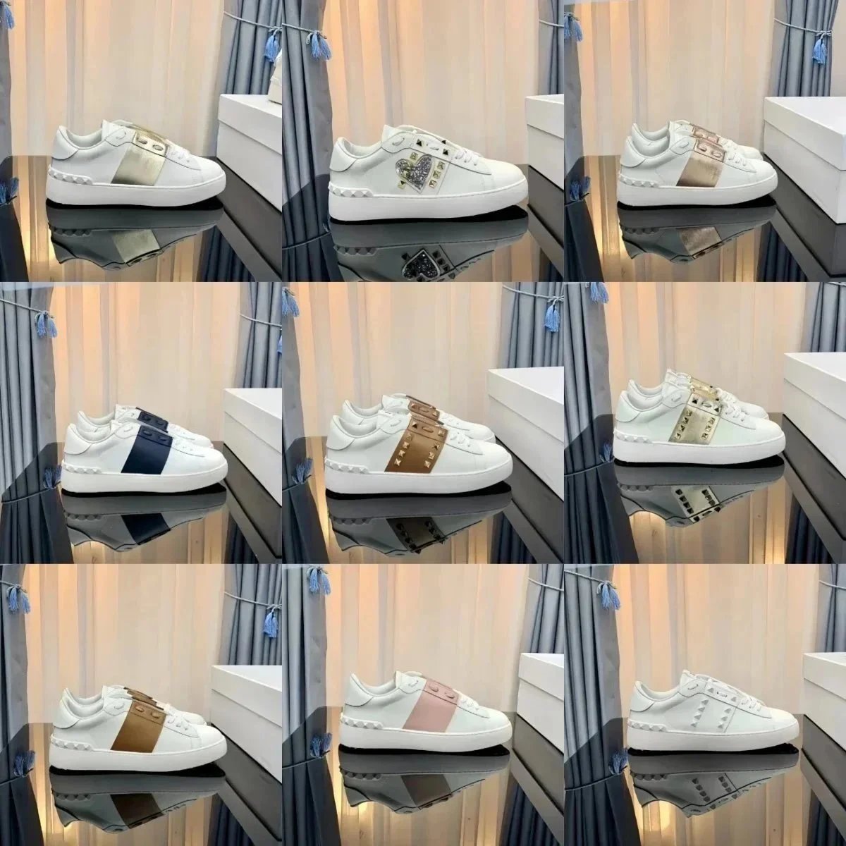 White Valentino Rockstud Sneakers with Metallic Stripe