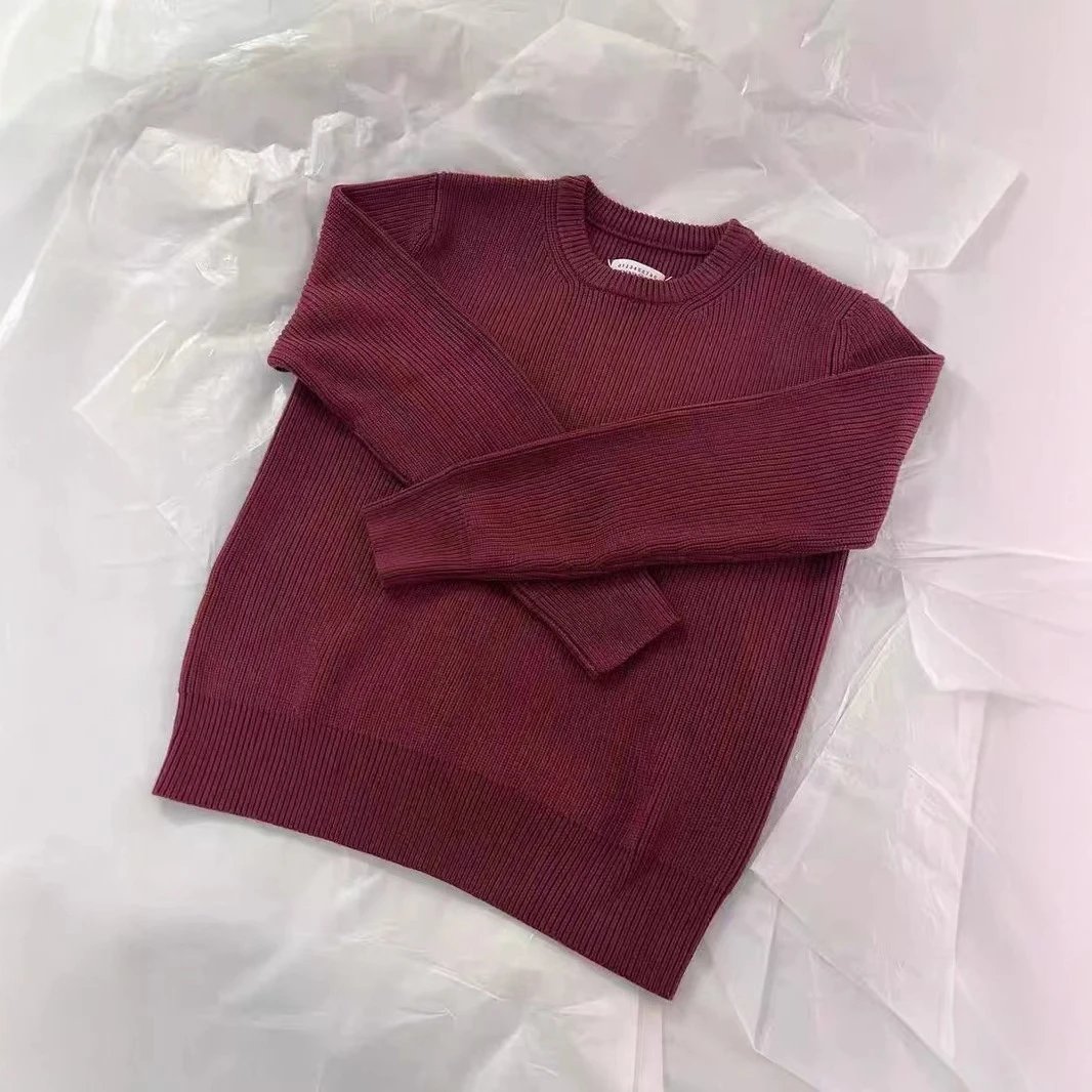 Burgundy Ribbed Knit Sweater Women's Casual Long Sleeve Top