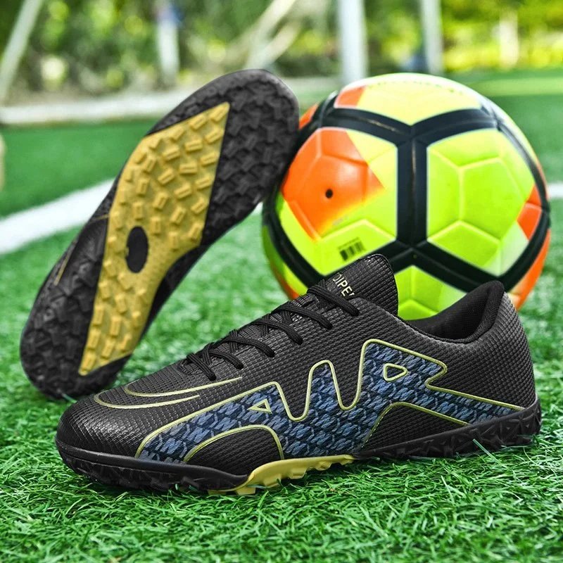 JUPET Men's Black Soccer Cleats with Yellow Accents for Artificial Turf