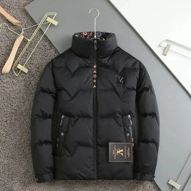 Men's Black Winter Puffer Jacket with High Collar and Zipper