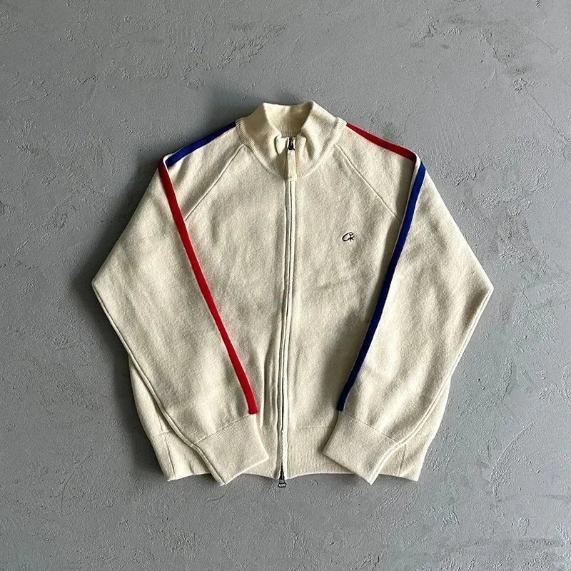 Cream Color Track Jacket with Red and Blue Stripes