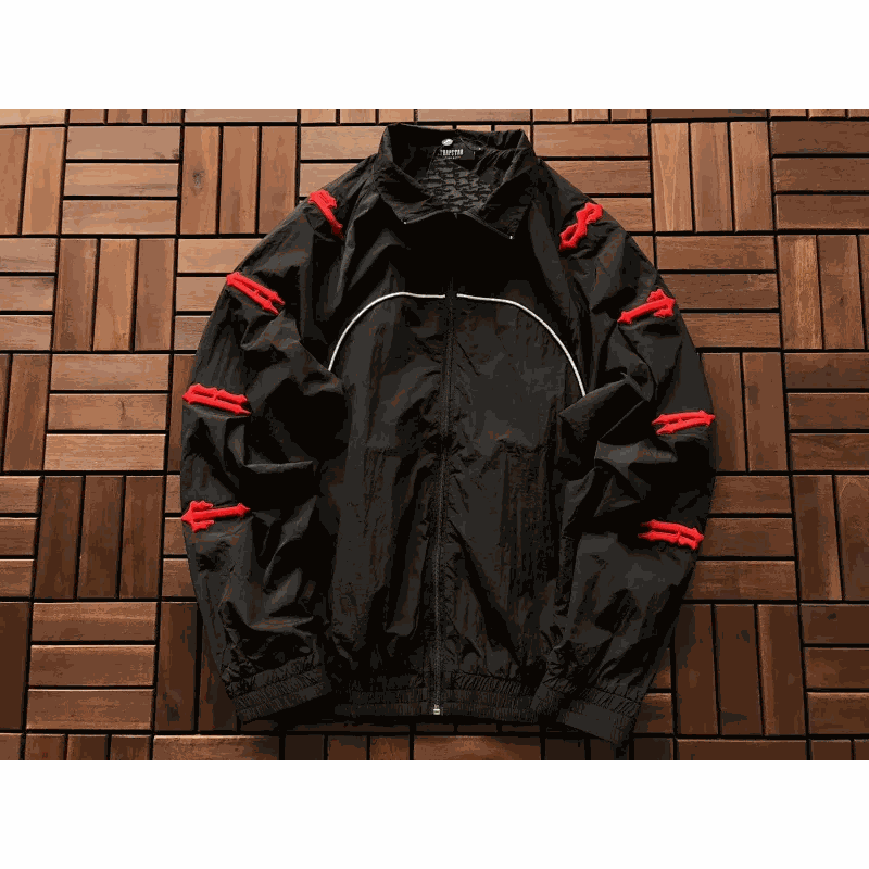 Black Track Jacket with Red Accents and White Zipper