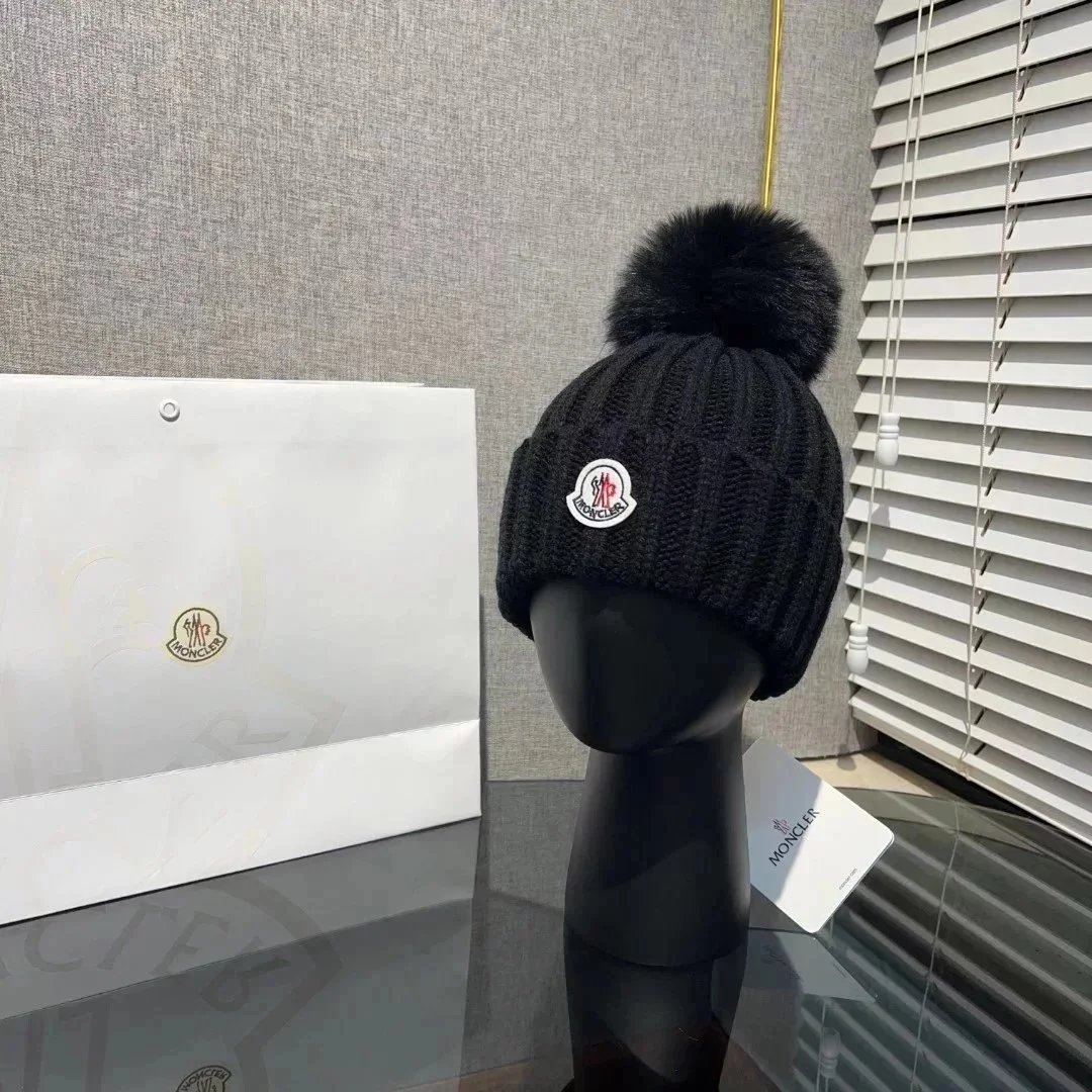 Moncler Black Knit Beanie with Pom Pom