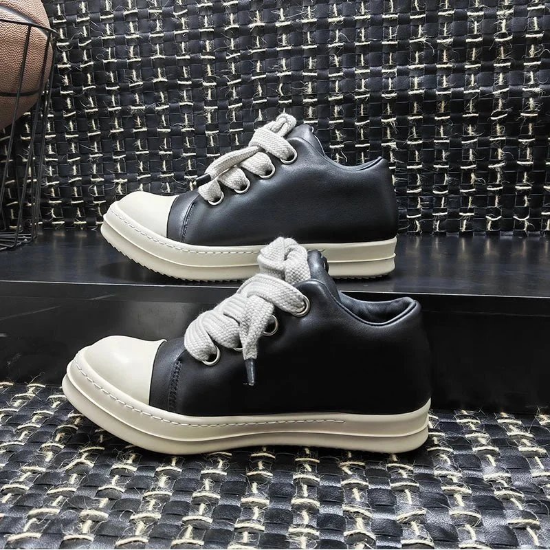 Black Leather Sneakers with White Sole and Knotted Laces