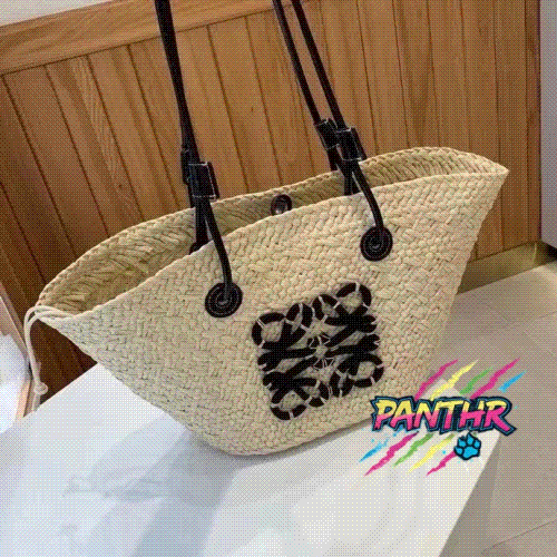 Straw Tote Bag with Black Logo Design for Women