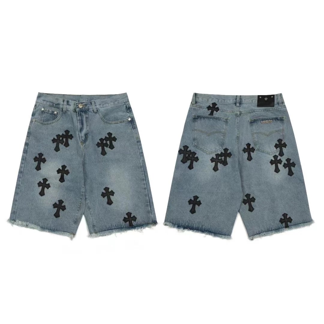 Denim Shorts with Black Cross Patches