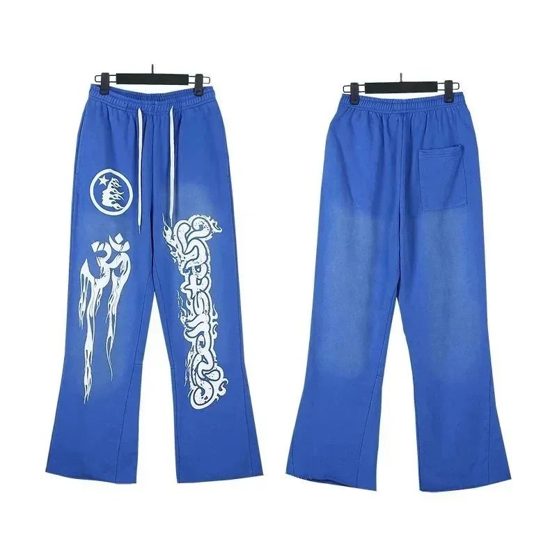 Blue Printed Sweatpants with Dragon Design and Drawstring Waist