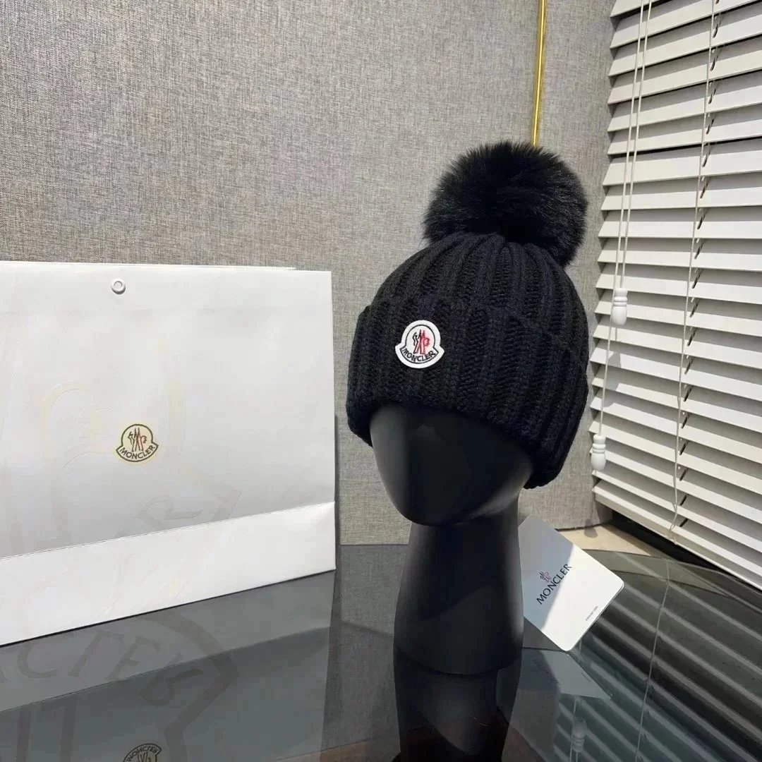 Moncler Black Knit Beanie with Pom Pom