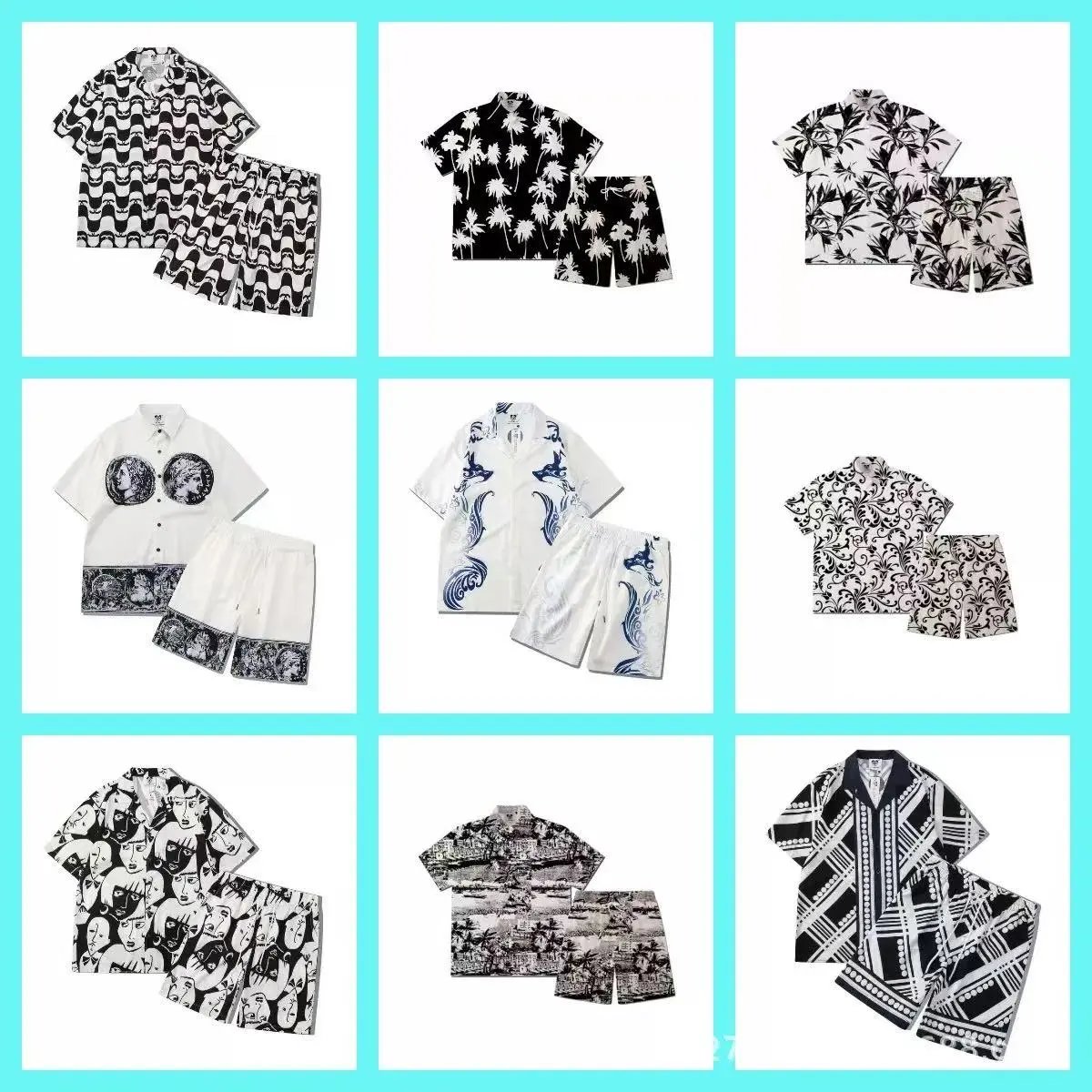 Men's Hawaiian Shirt and Shorts Sets Black White Patterns