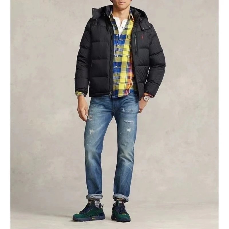 Men's Black Puffer Jacket with Hood and Plaid Shirt Outfit