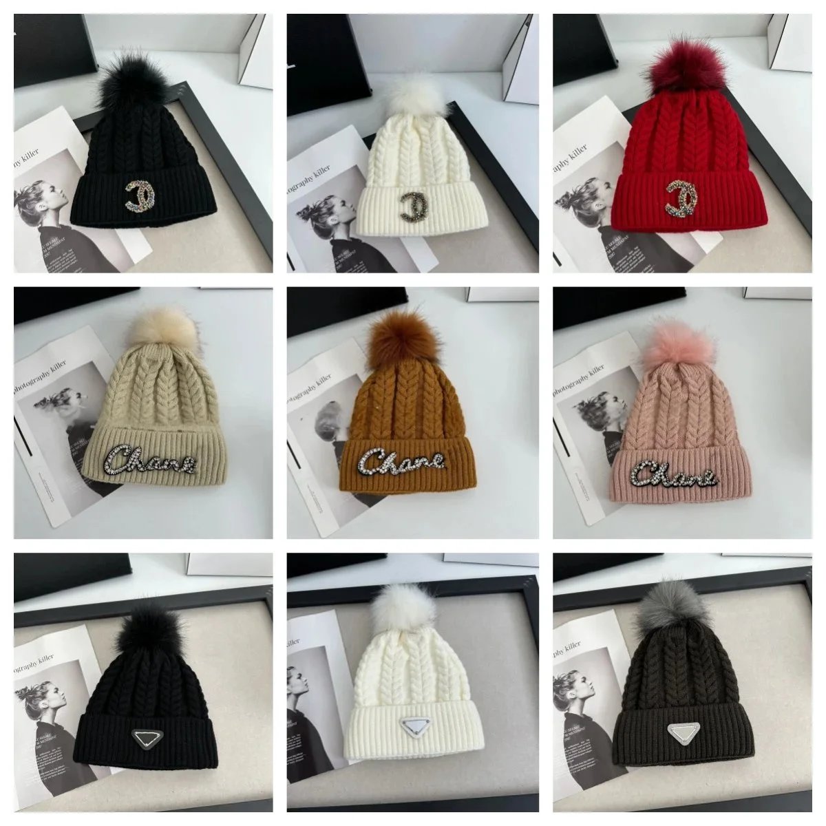 Chanel Knit Beanie Hat with Pom Pom and Logo