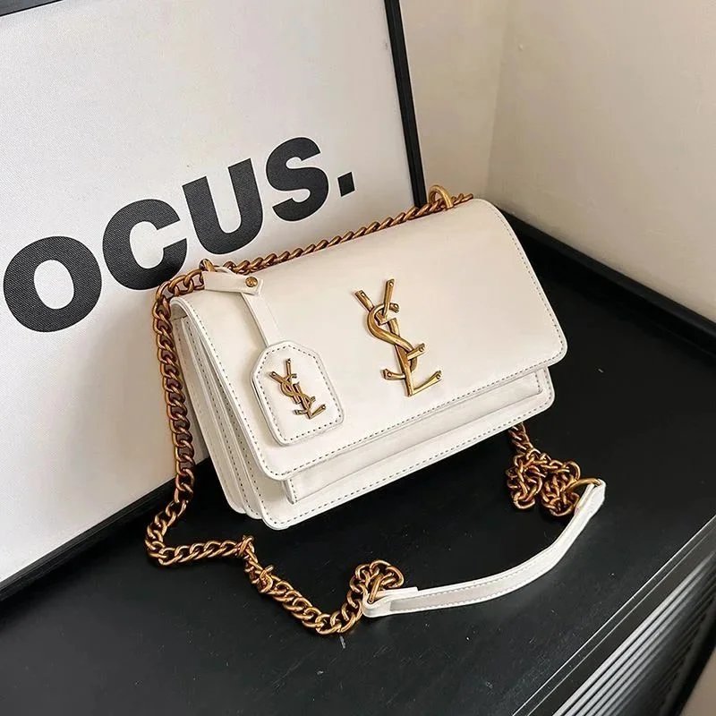 White YSL Chain Shoulder Bag with Gold Logo