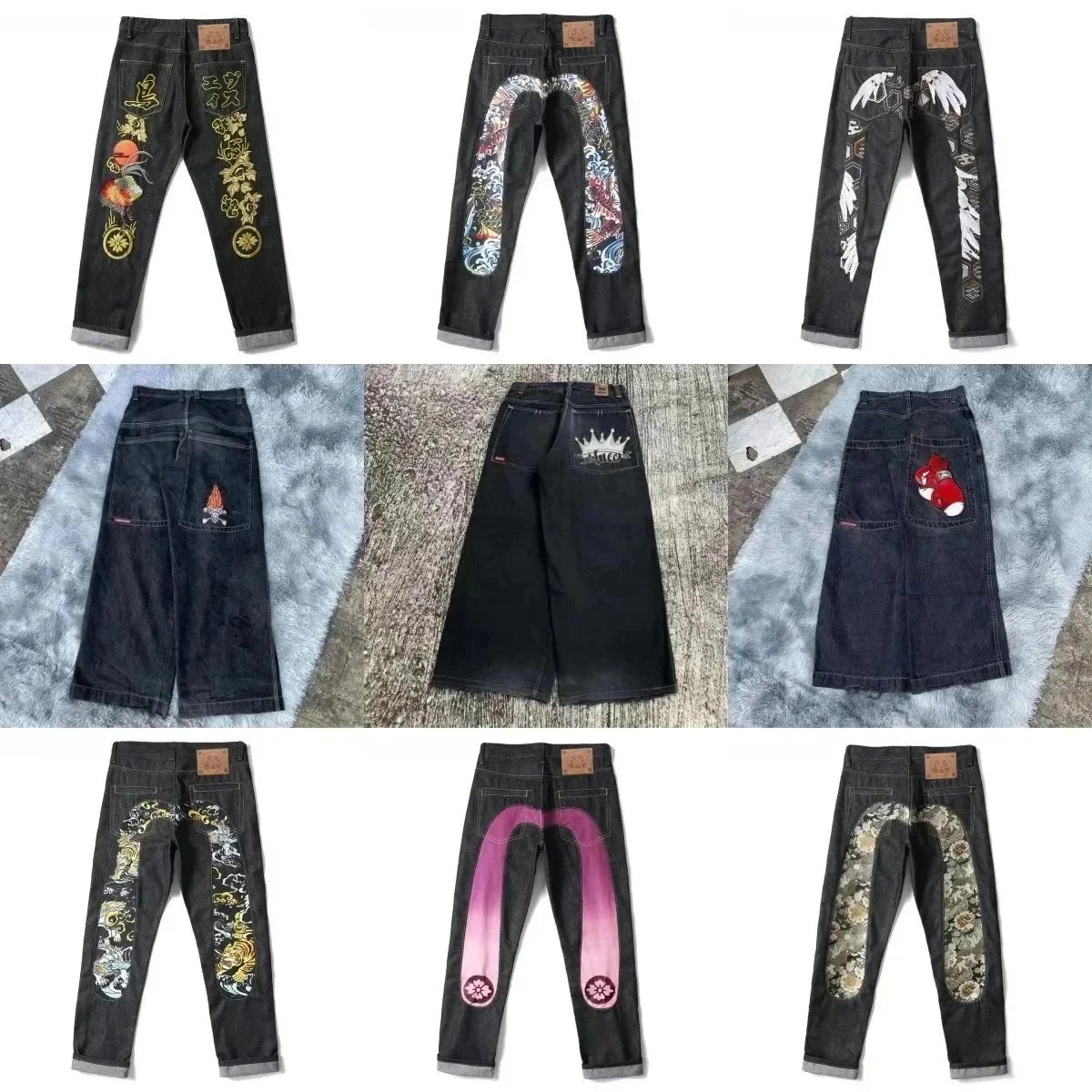 Ed Hardy Embroidered Denim Pants with Japanese Dragon and Floral Designs