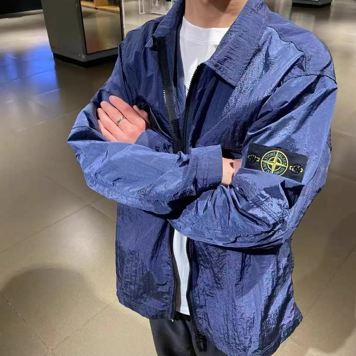 Stone Island Blue Nylon Jacket with Logo Patch