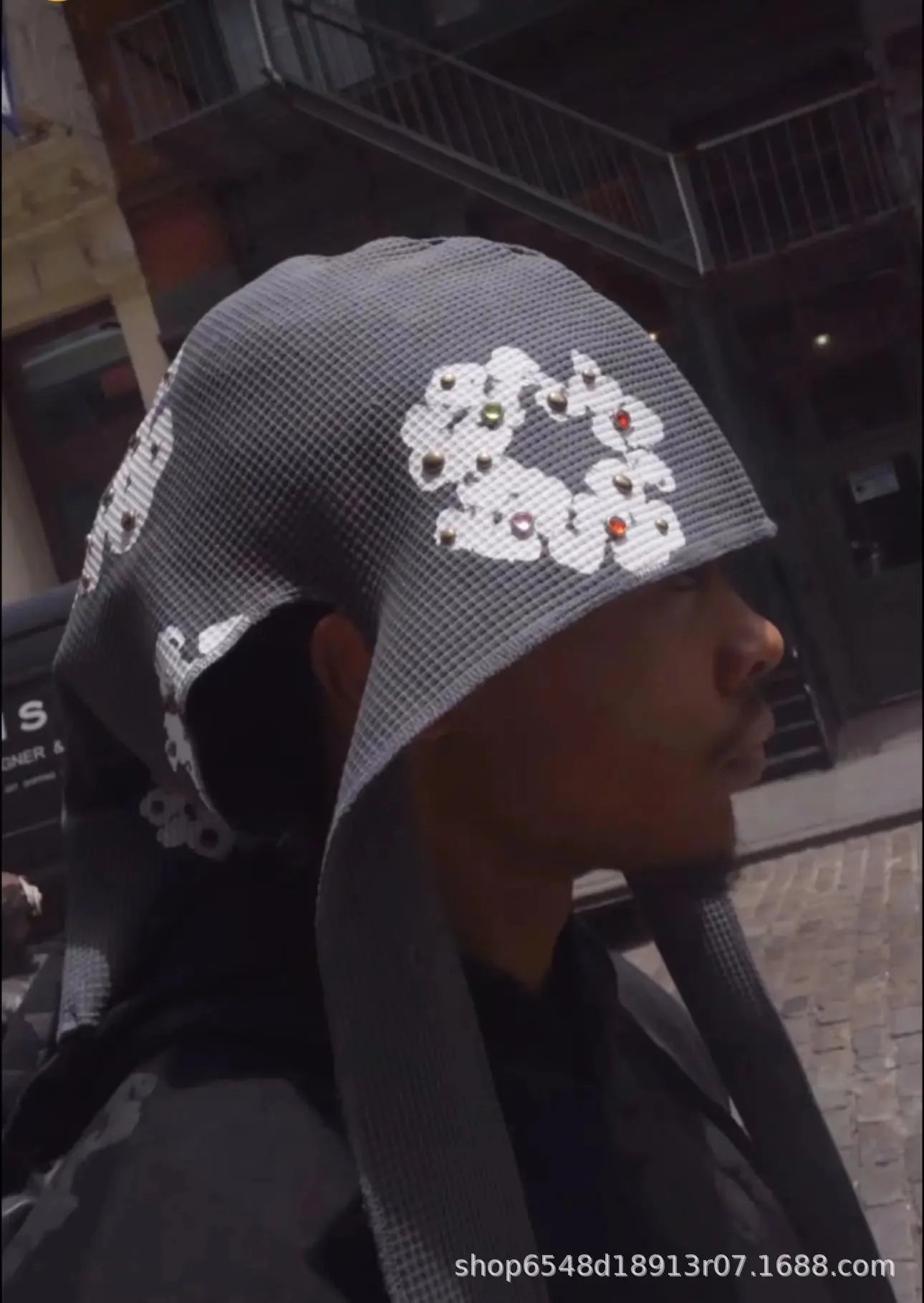 Stylish Gray Knit Beanie with Floral Embellishments and Rhinestones