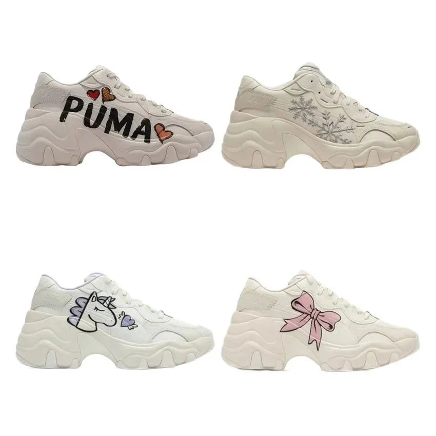 Puma White Chunky Sneakers with Hearts Snowflakes Unicorn and Bow Design