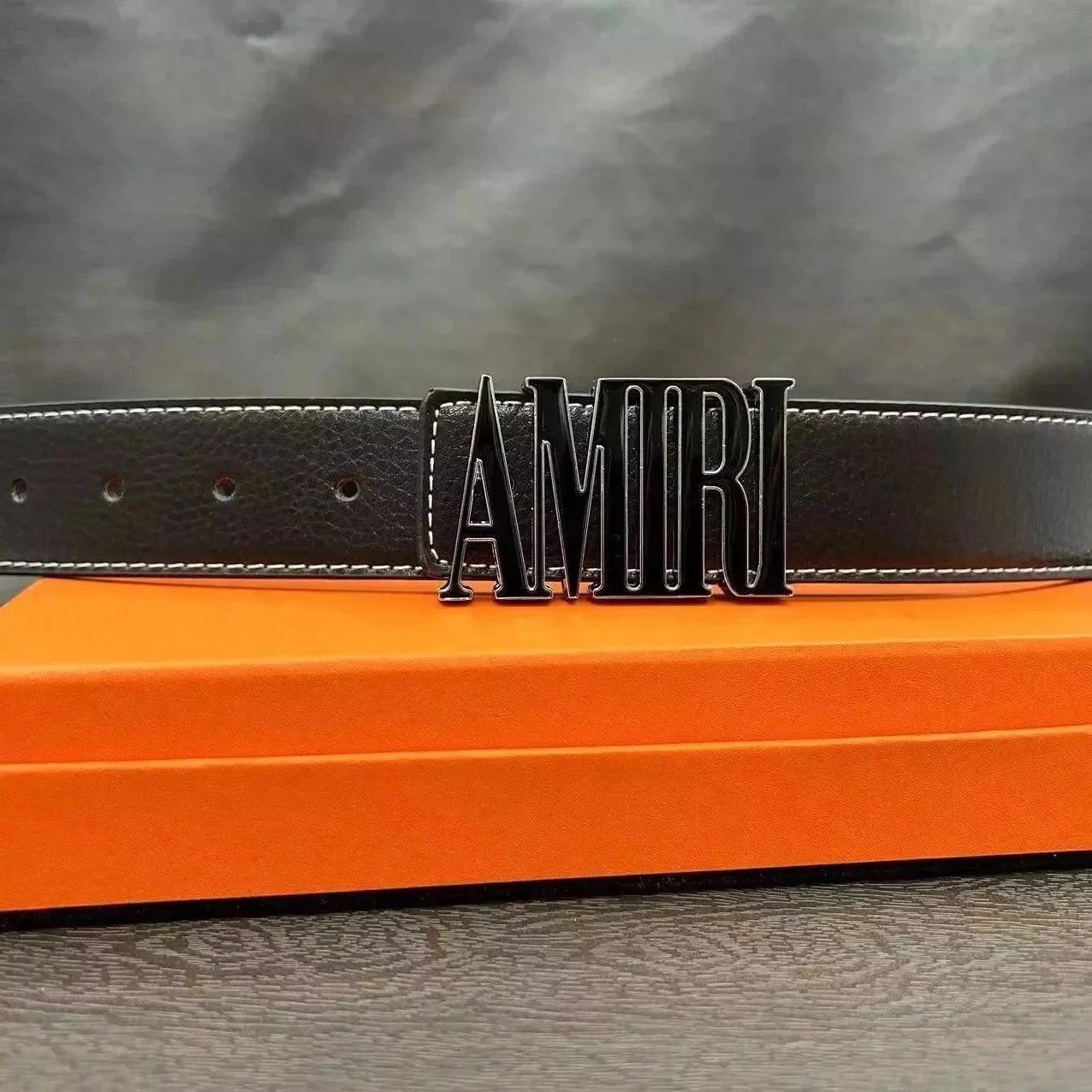 AMORI Leather Belt with Bold Logo Buckle for Men and Women