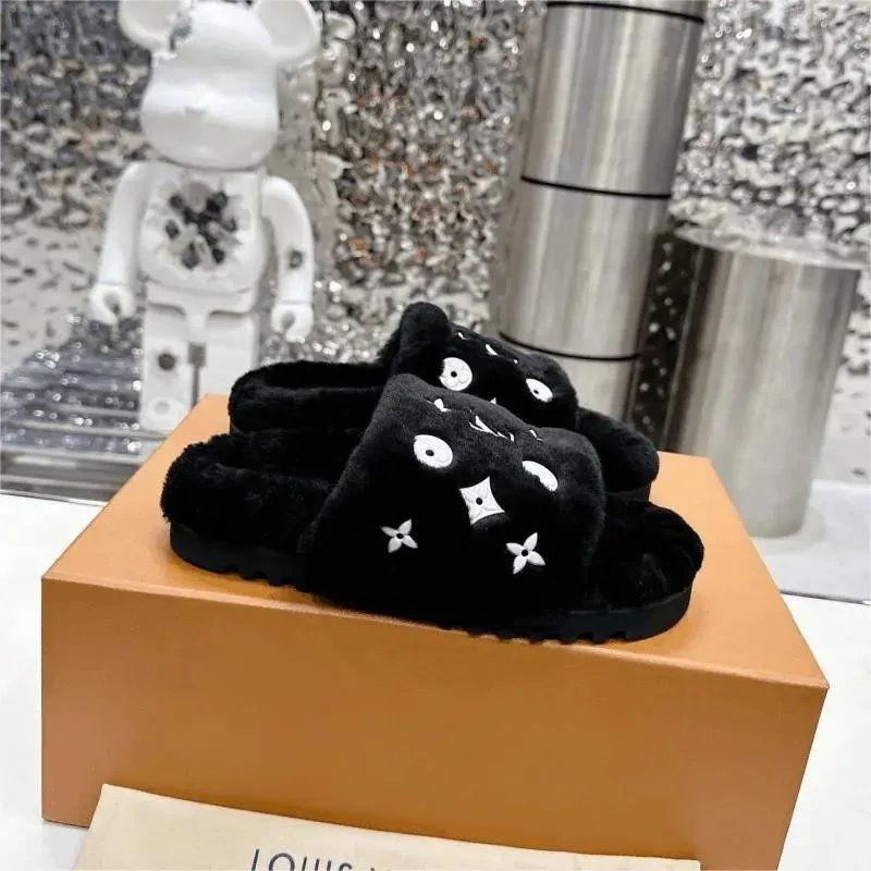 Louis Vuitton Black Fuzzy Slides with Monogram Pattern