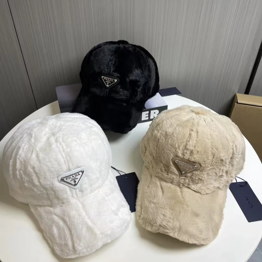 Prada Faux Fur Baseball Cap in White Beige Black
