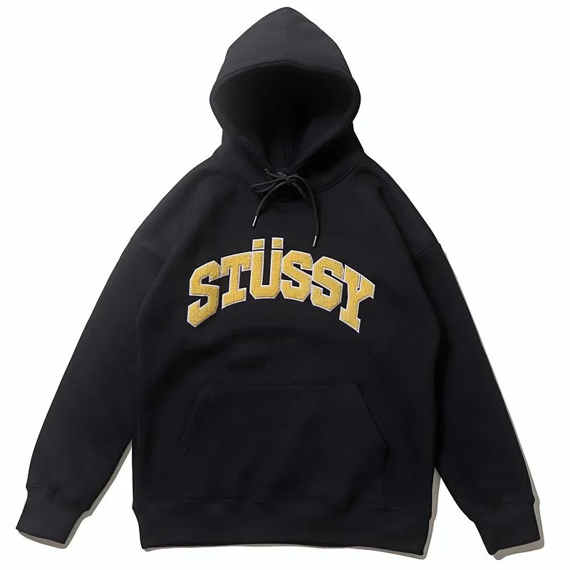 Stussy Black Hoodie with Gold Logo Embroidery