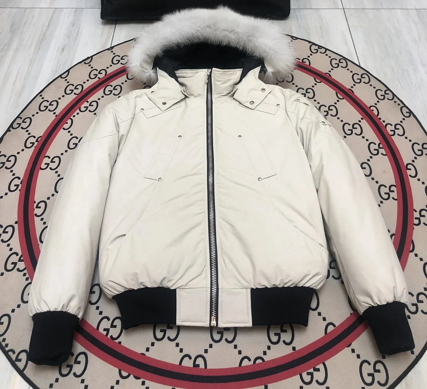 White Bomber Jacket with Fur Hood and Black Trim