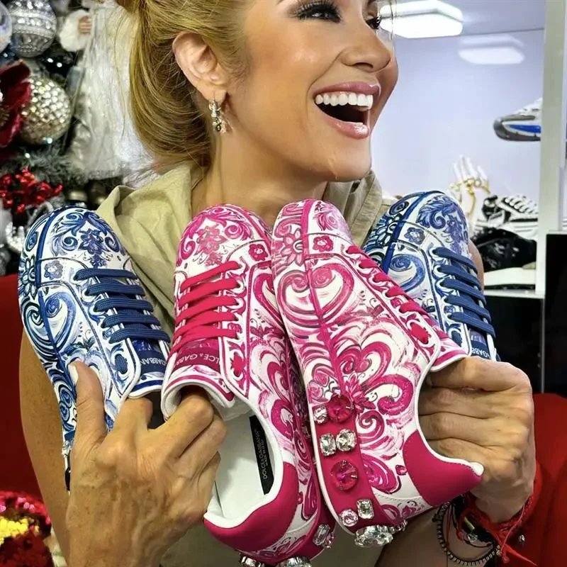 Custom Embroidered Sneakers with Rhinestones Pink Blue Design