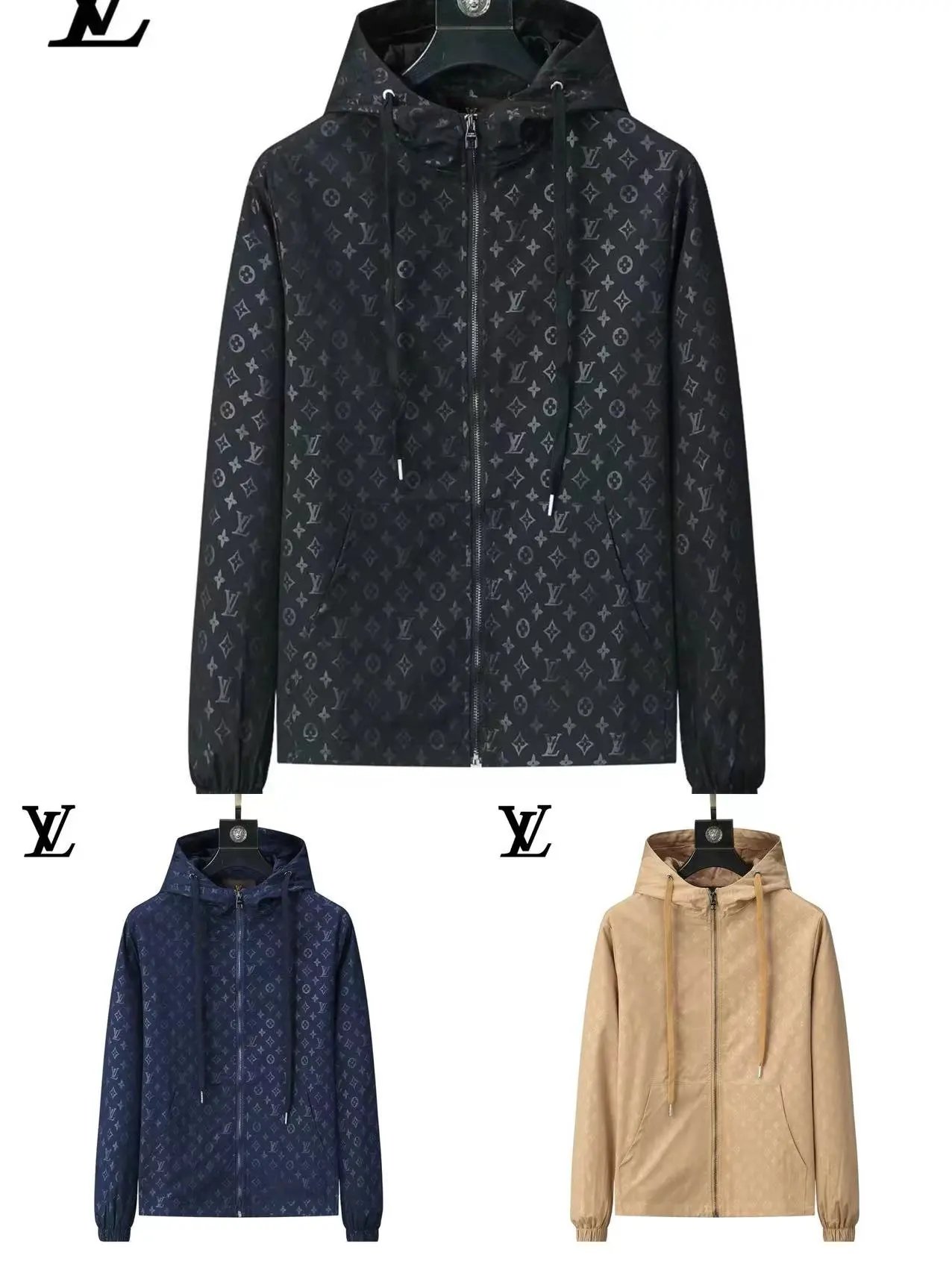 LV Monogram Print Hooded Windbreaker Jacket for Men