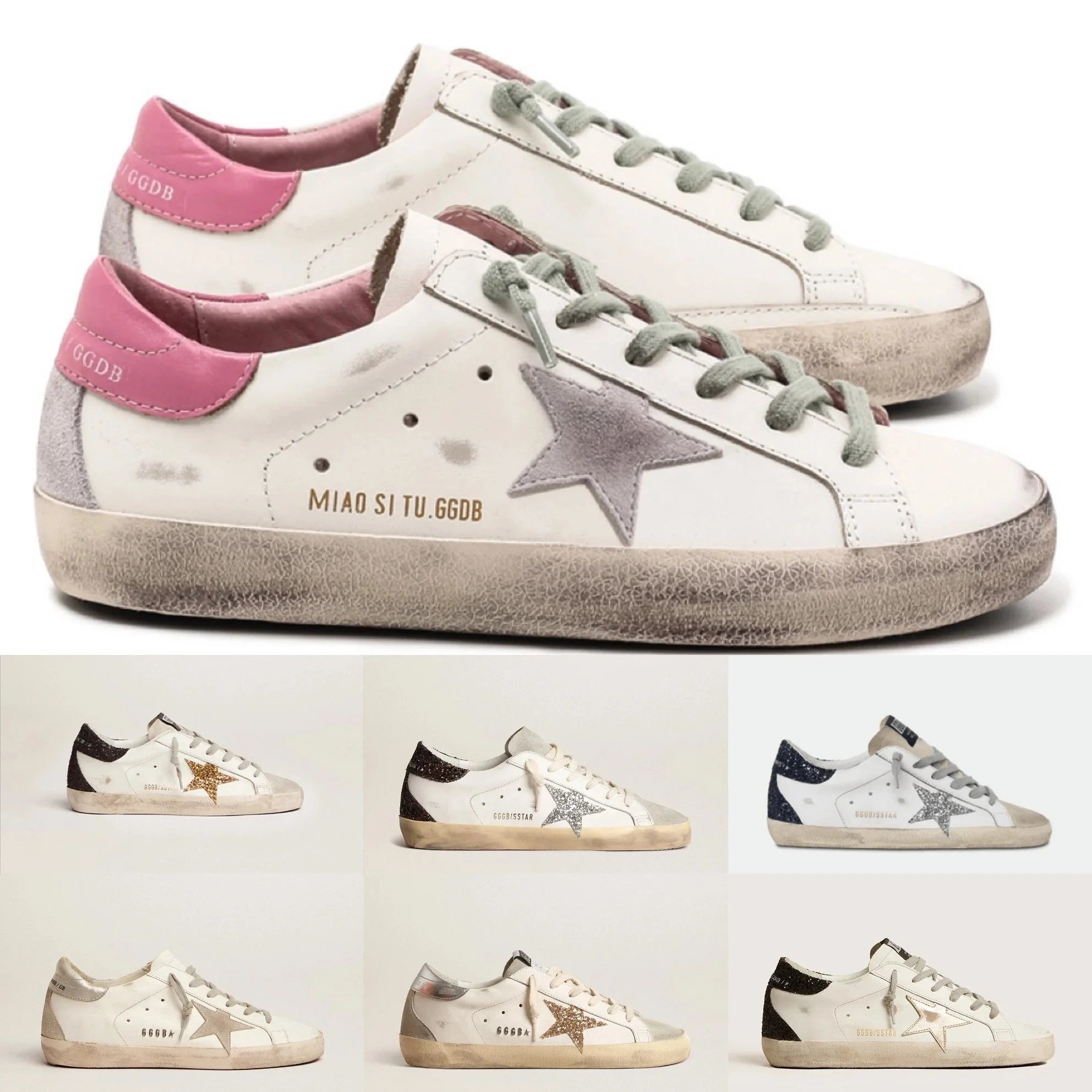 GGDB White Star Sneakers with Pink Heel and Distressed Sole