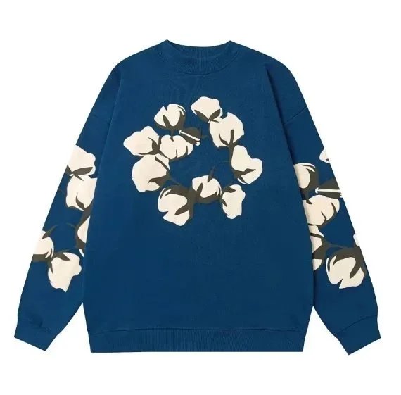Cotton Flower Pattern Knit Sweater Blue