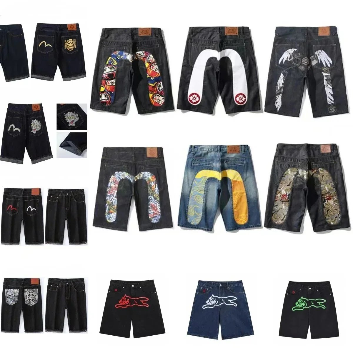 Japanese Denim Shorts with Embroidered Designs and Unique Patterns