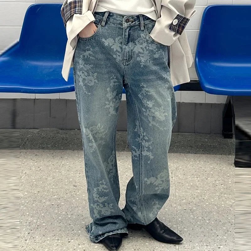 Men's Wide Leg Denim Pants with Floral Pattern