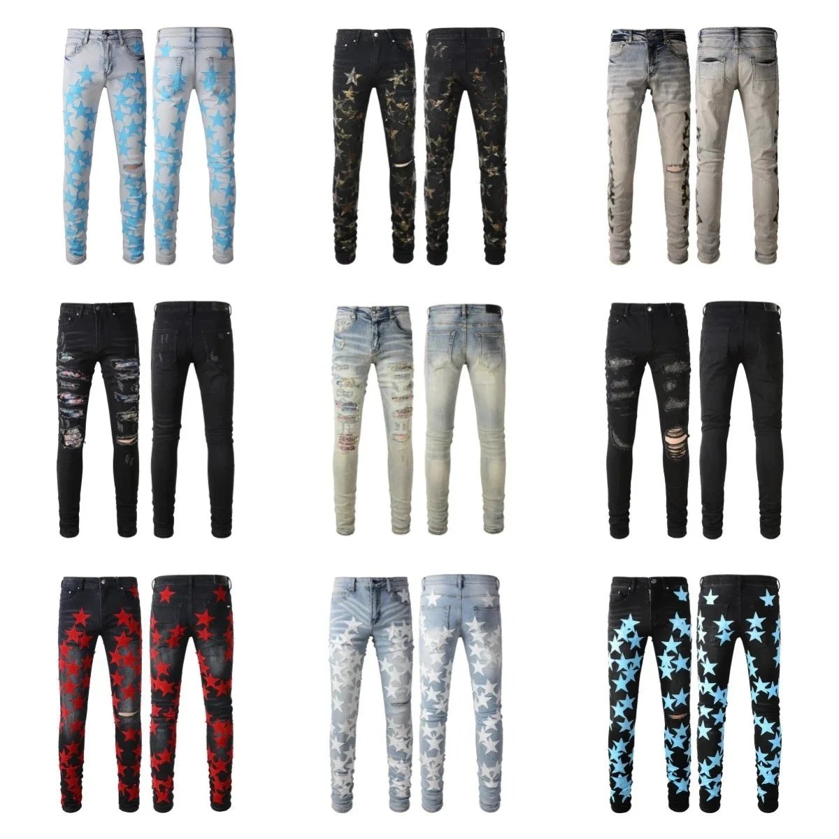 Stylish Star Printed Ripped Jeans for Men Fashion Denim Pants