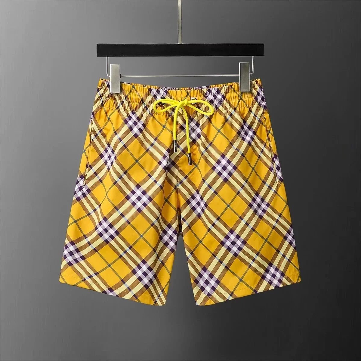 Yellow Plaid Men's Swim Shorts with Drawstring Waist