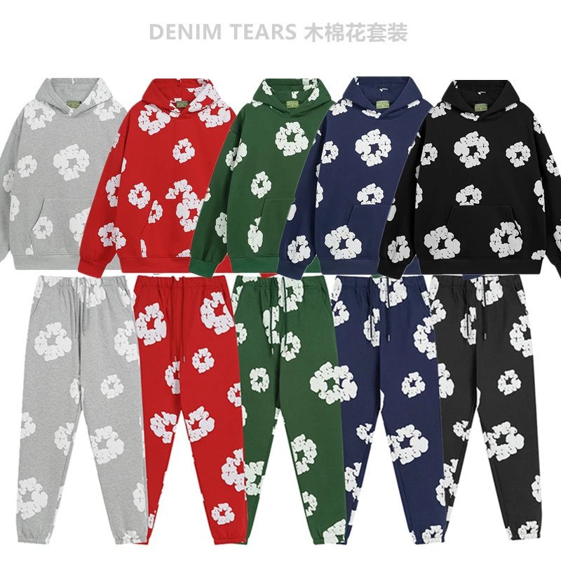 DENIM TEARS Floral Print Hoodie and Pants Set for Men Women