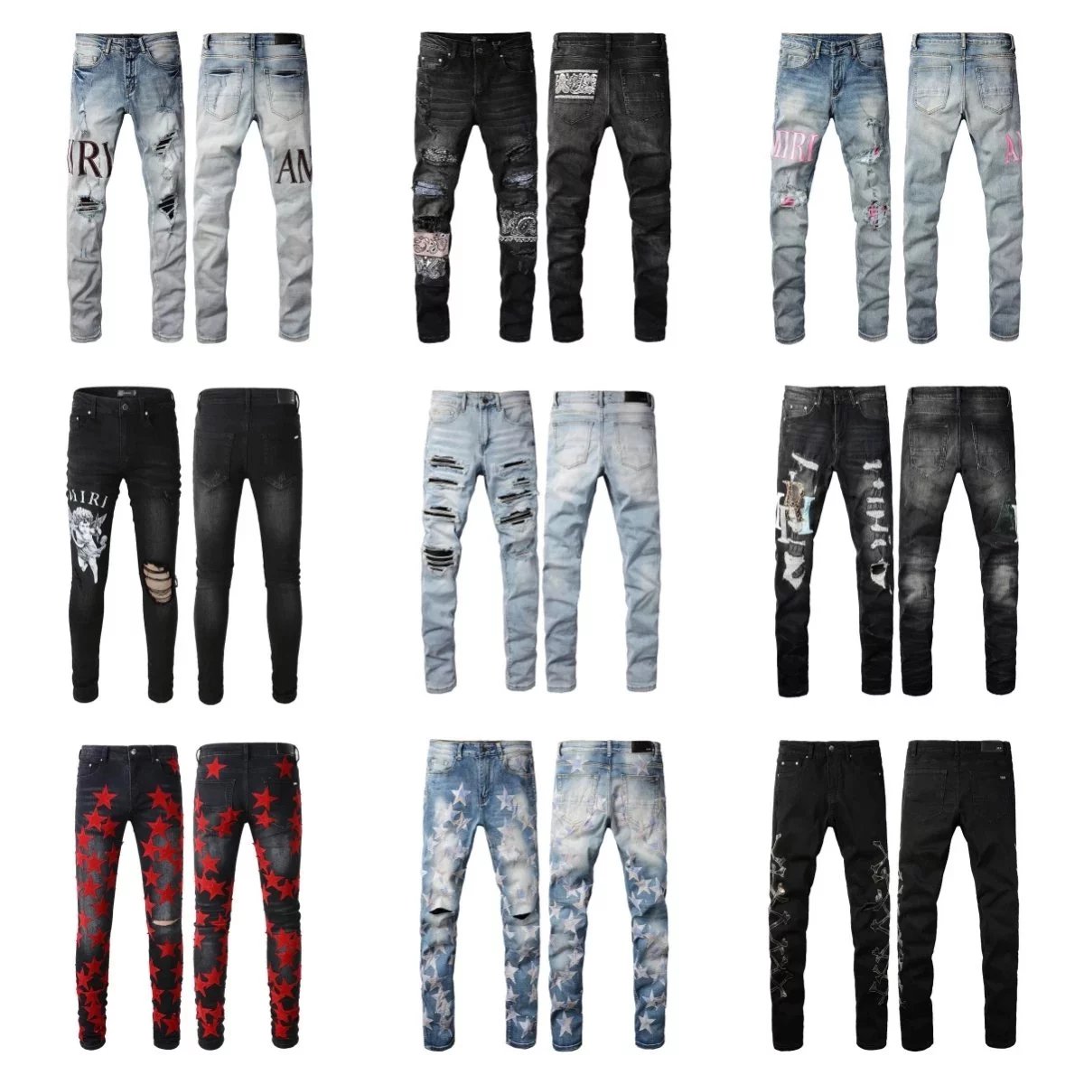 Men's Fashion Ripped Jeans with Patches and Stars Design