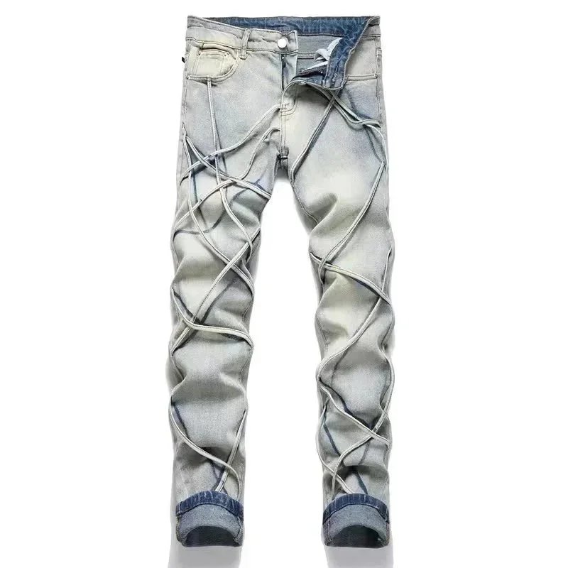 Men's Distressed Denim Jeans with Lace-Up Design