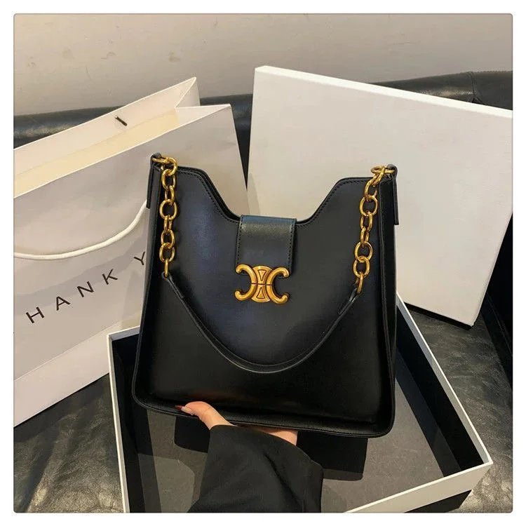 Black Leather Shoulder Bag with Gold Chain and Logo Clasp